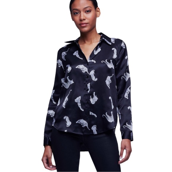 L'AGENCE Tops - NWT L’AGENCE Dani Silk Blouse in Black/Ivory Leopard size Small